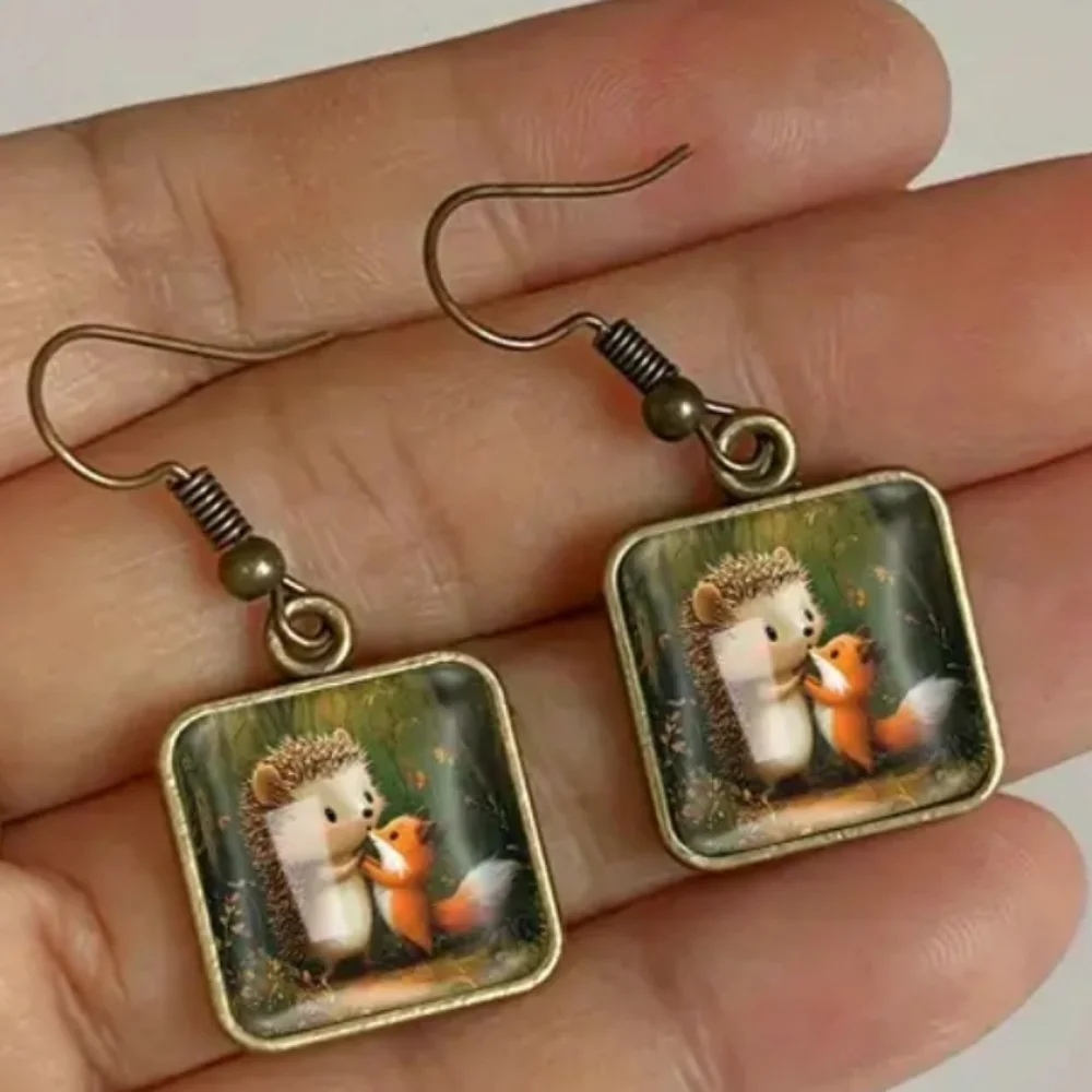 hedgehog fox earrings animal print square crystal glass‎ dangle